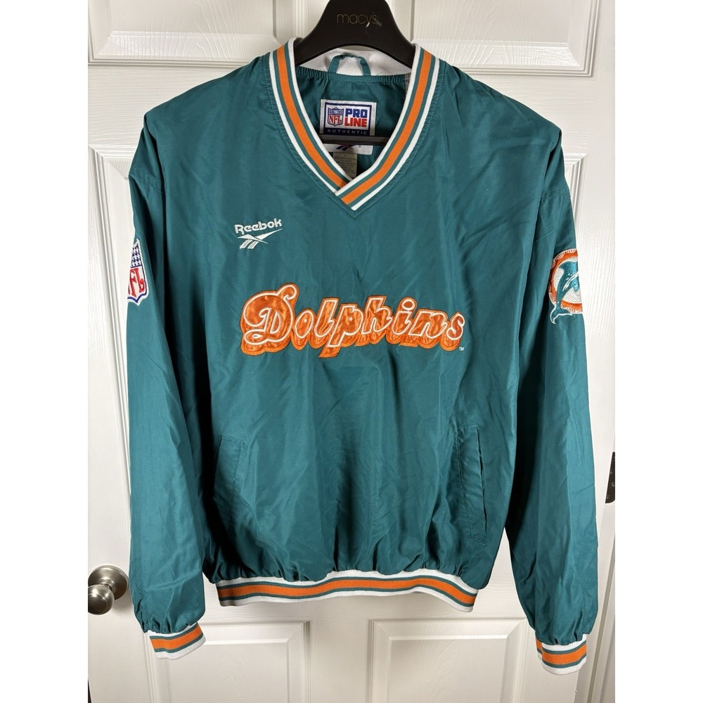 Vtg 90s Reebok Miami Dolphins Pullover Windbreaker Jacket Mens L Pro Line Teal